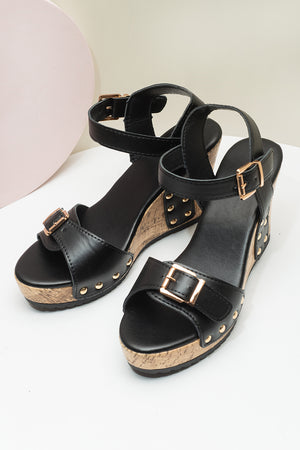 Black Rivet Buckle Closure Wedge Sandals