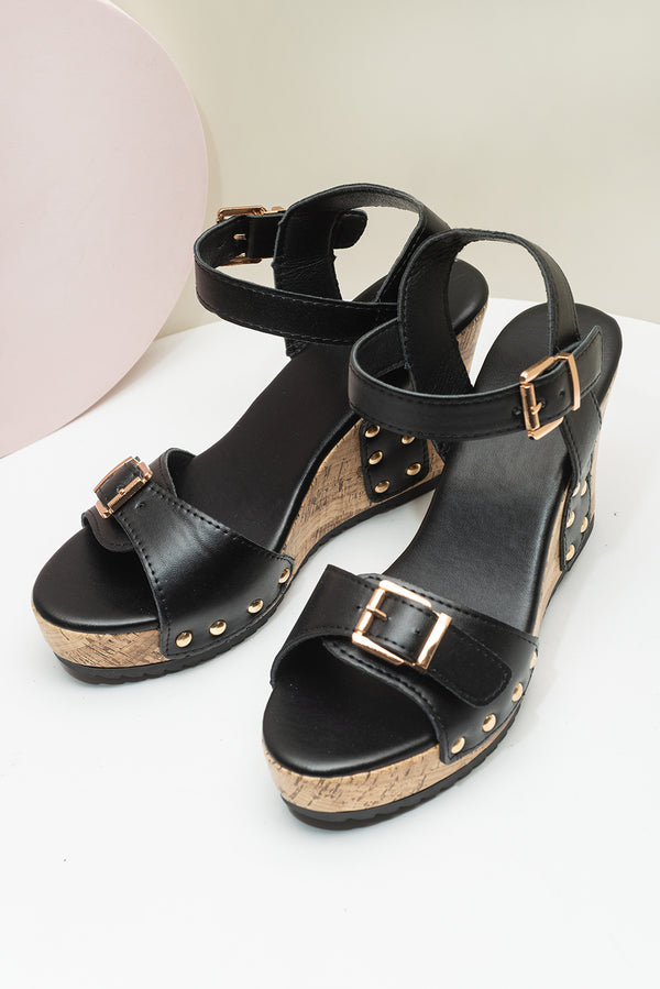 Black Rivet Buckle Closure Wedge Sandals