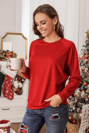 Fiery Red Solid Round Neck Raglan Sleeve Sweatshirt
