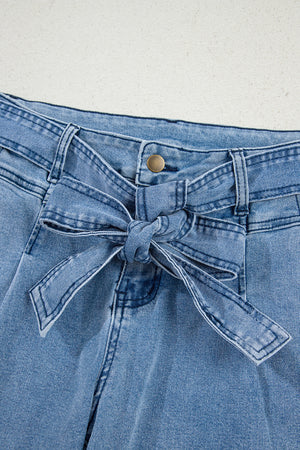 Beau Blue Western Washed Bow Knot Sash Wide Leg Jeans