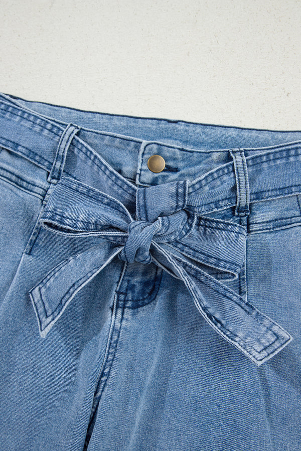 Beau Blue Western Washed Bow Knot Sash Wide Leg Jeans