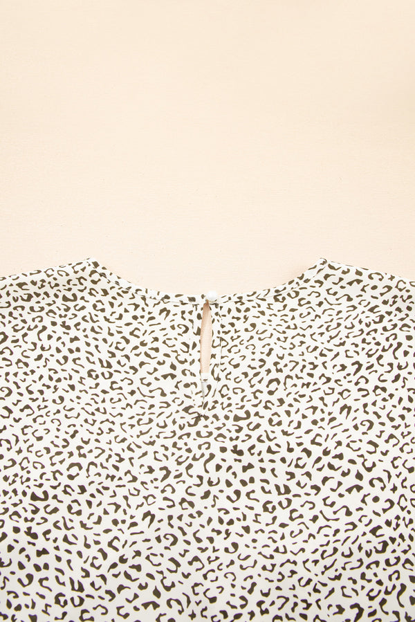Beige Plus Size Leopard Print Frill Trim Short Sleeve Flared Dress