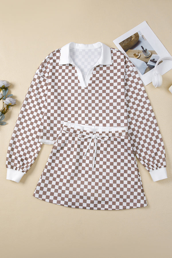 Khaki Checkered Print Polo Collar Cropped Long Sleeve Top Drawstring Mini Skirt Set