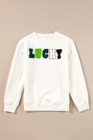 White LUCKY Chenille Embroidered Cable Knit Pullover Sweatshirt