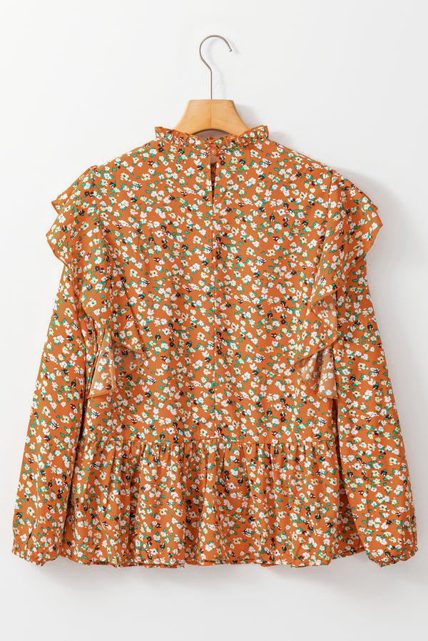 Orange Ruffle Collar Long Sleeve Peplum Top
