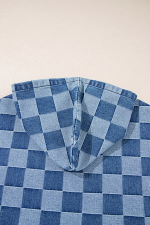 Sky Blue Checkerboard Zipped Neck Kangaroo Pocket Denim Hoodie