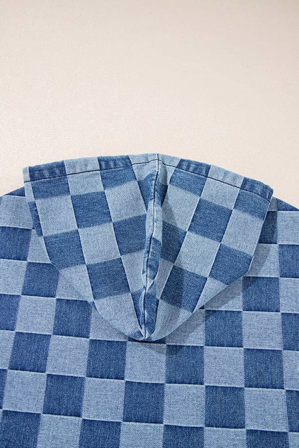 Sky Blue Checkerboard Zipped Neck Kangaroo Pocket Denim Hoodie