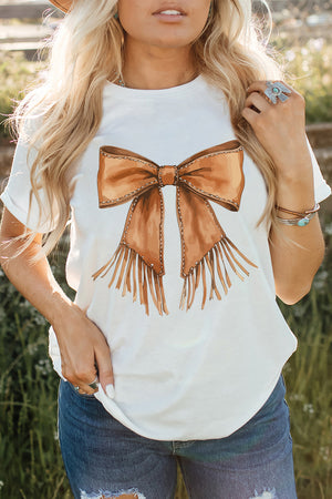 White Tassel Bowknot Print Round Neck Western Fashion T Shirt