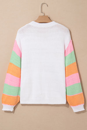 White Flower Graphic Colorblock Sleeve Crew Neck Sweater