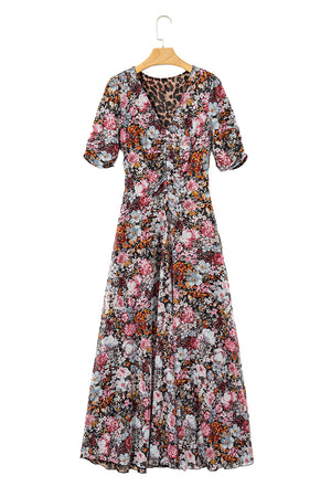 Brown Mesh Leopard Floral Reversible V Neck Short Sleeve Dress