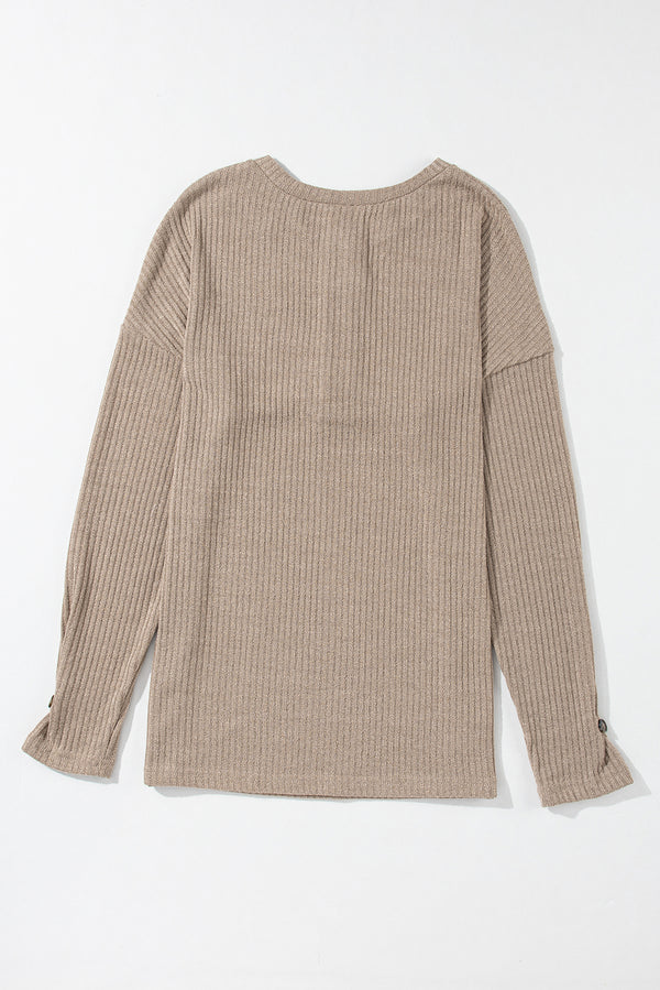 Pale Khaki Rib Textured Henley Knit Top