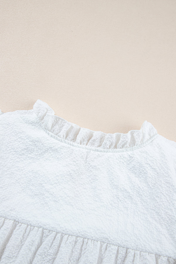 White Ruffle Accent Flutter Sleeve Notch Neck Top
