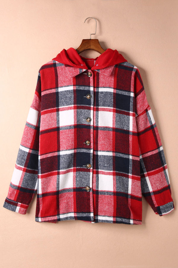 Fiery Red Hooded Plaid Button Front Shacket