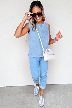 Beau Blue Mineral Wash Patched Chest Pocket Casual Tank Top