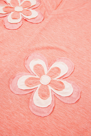Fresh Salmon Floral Patchwork V Neck Long Sleeve T Shirt