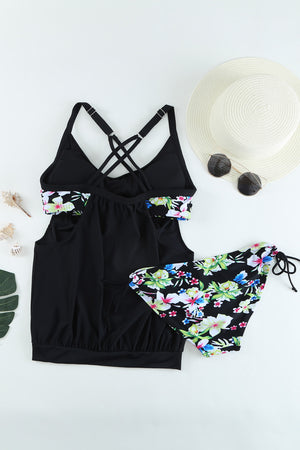 Black Layered-Style Floral Tankini with Triangular Briefs