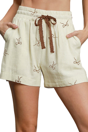 White Bow Print Lace Drawstring Elastic Waistband Casual Shorts