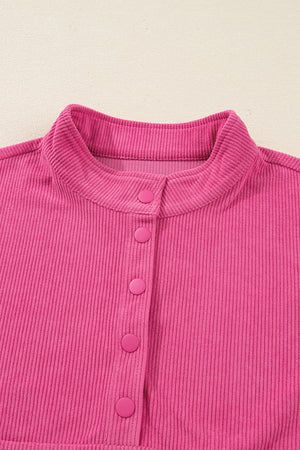 Peach Blossom Half Button Pullover Drawstring Pants Solid Color Corduroy 2pcs Outfit