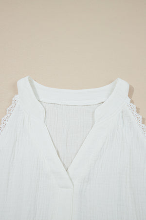 White Textured Lace Trim Pure Cotton Sleeveless Top
