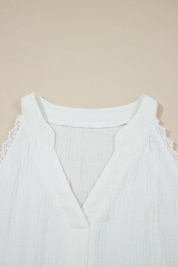 White Textured Lace Trim Pure Cotton Sleeveless Top
