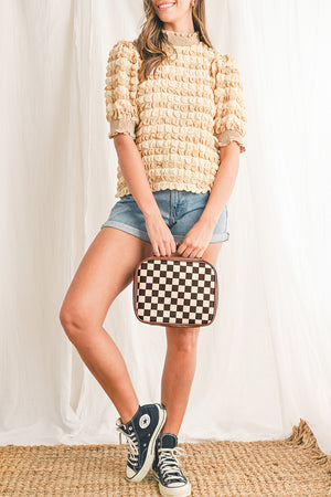 Black Checkered Multiple Compartments PU Leather Cosmetic Bag