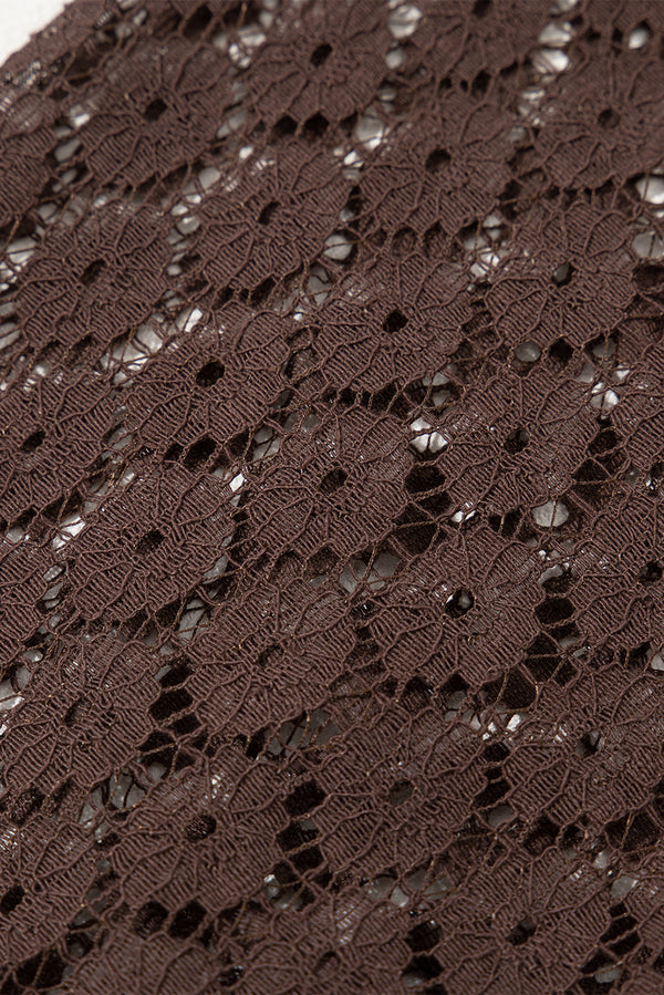 Dark Brown Contrast Lace Raglan Sleeve Pleated Detail Shift Dress