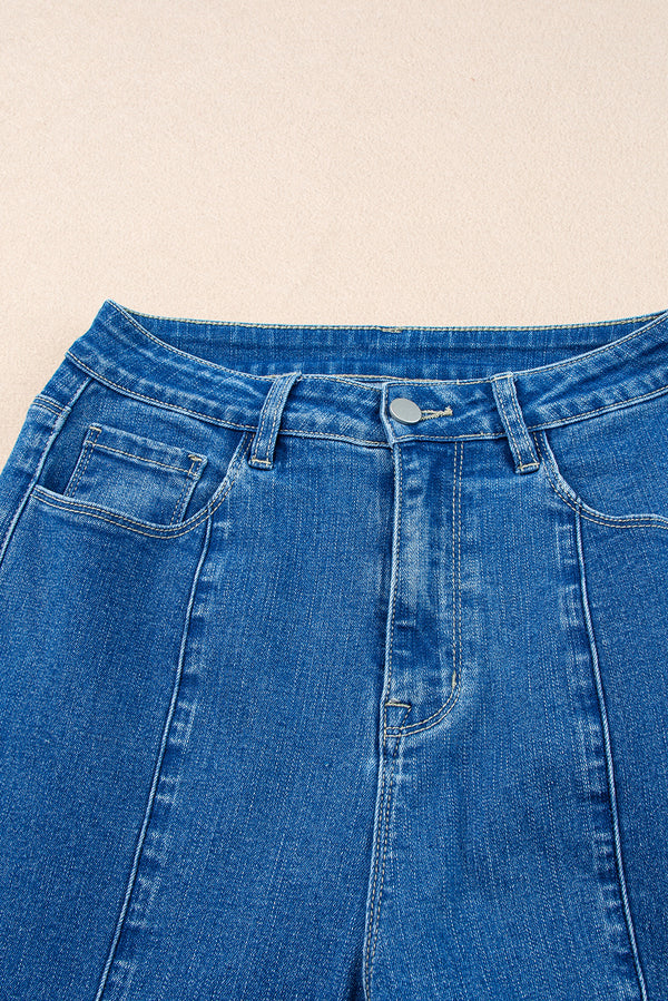 Dark Blue Plain Seam Detail Flared Bottom Ankle Length Jeans