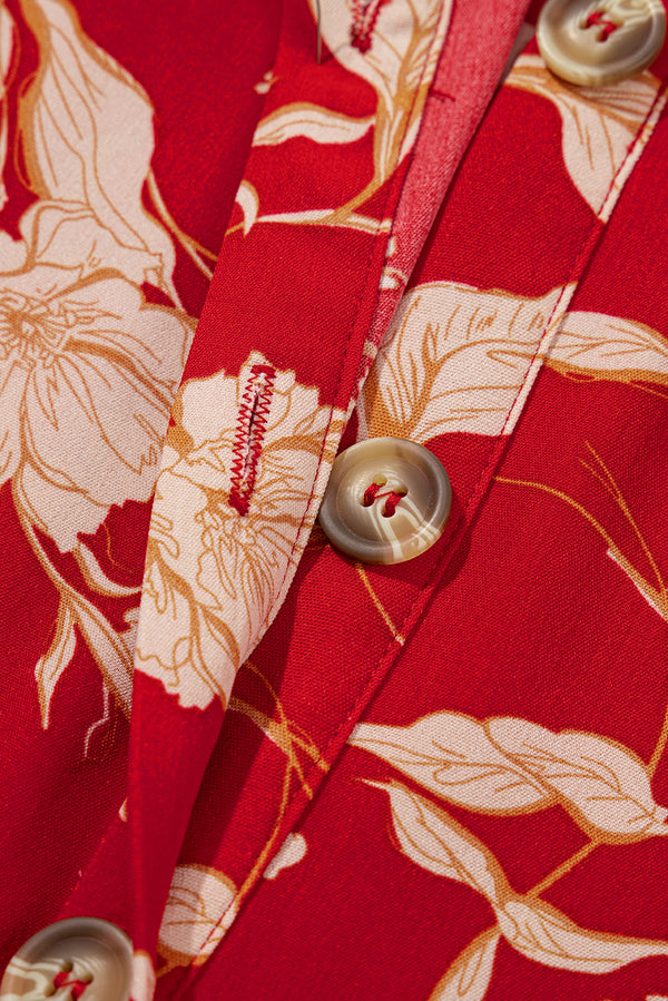 Red Floral Print Buttoned Front V Neck Tiered Short Sleeve Midi Dress