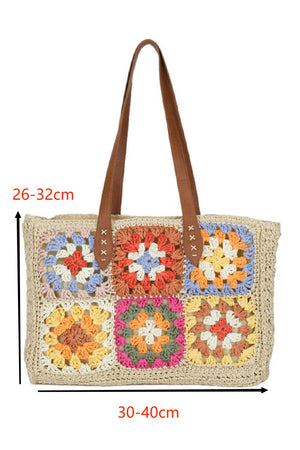 Beige Floral Crochet Large Square Tote Bag