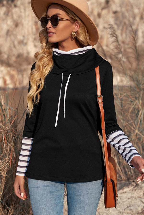 Striped Splicing High Neck Sweatshirt