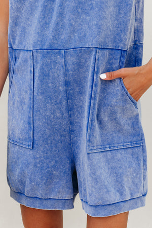 Sky Blue Mineral Wash Pocketed Sleeveless V Neck Loose Romper