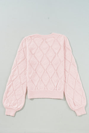 Gossamer Pink Openwork Plaid Puff Sleeve Cropped Sweater