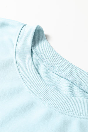 Mist Blue Drop Shoulder Puff Sleeve Crop Pullover Drawstring Wide Leg Pants Set