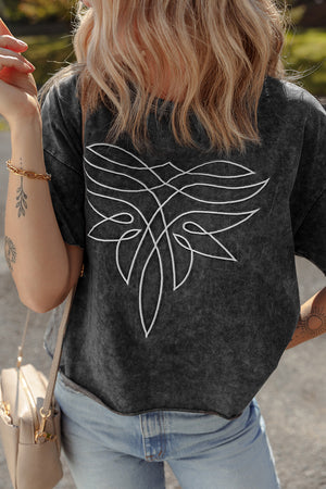 Black Floral Embroidered Mineral Wash Crew Neck T Shirt