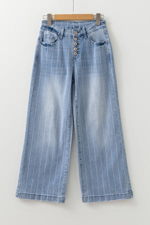 Beau Blue Multi Buttons Pinstripe Wide Leg Jeans