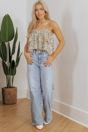 White Boho Floral Spaghetti Strap Ruffle Summer Tank Top