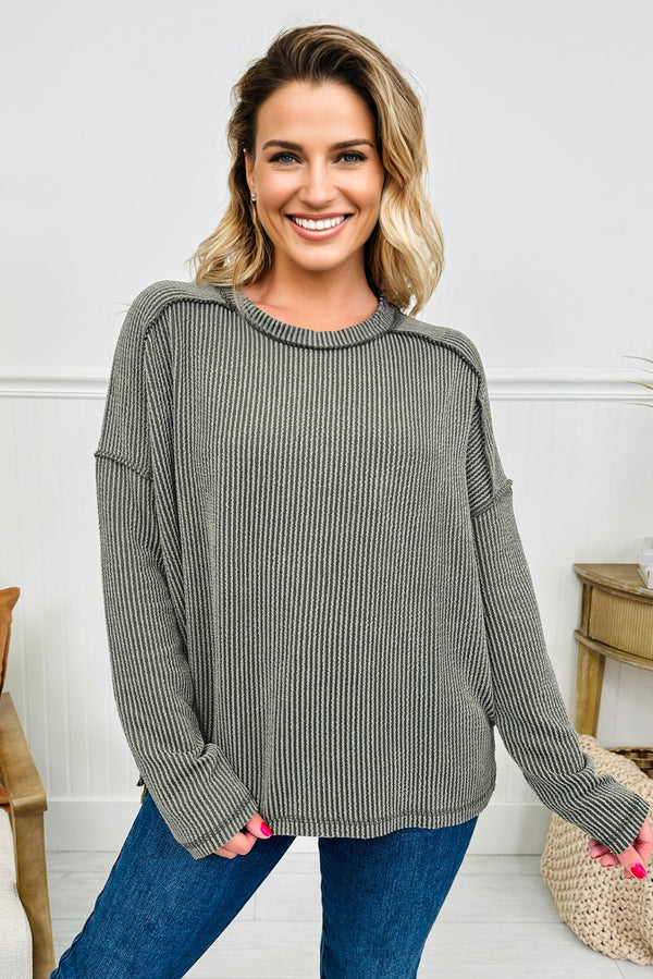 Green Bay Twist Ribbed Exposed Seam Detail Long Sleeve Loose Top