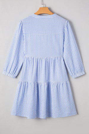 Sky Blue Stripe Bracelet Sleeve Tiered Shift Dress with Pockets