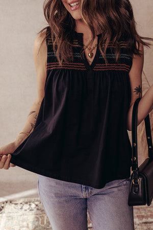 Black Colorful Shirred Yoke Notched V Neck Tank Top
