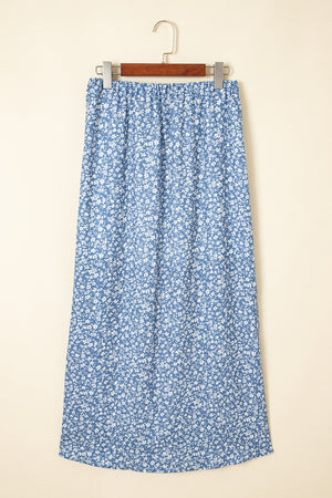 Sky Blue Boho Floral High Waist Long Skirt with Side Split