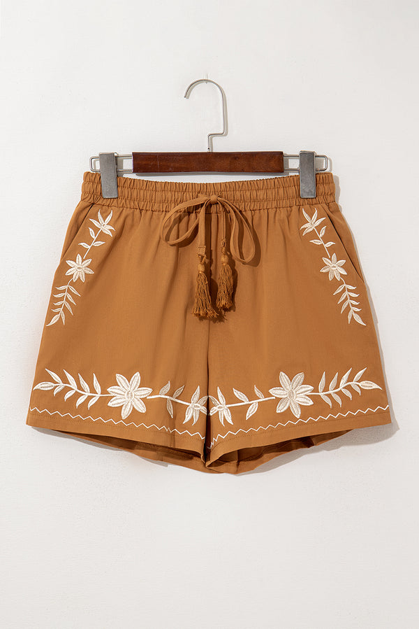 Khaki Embroidered Boho Tasseled Drawstring Elastic Waistband Casual shorts