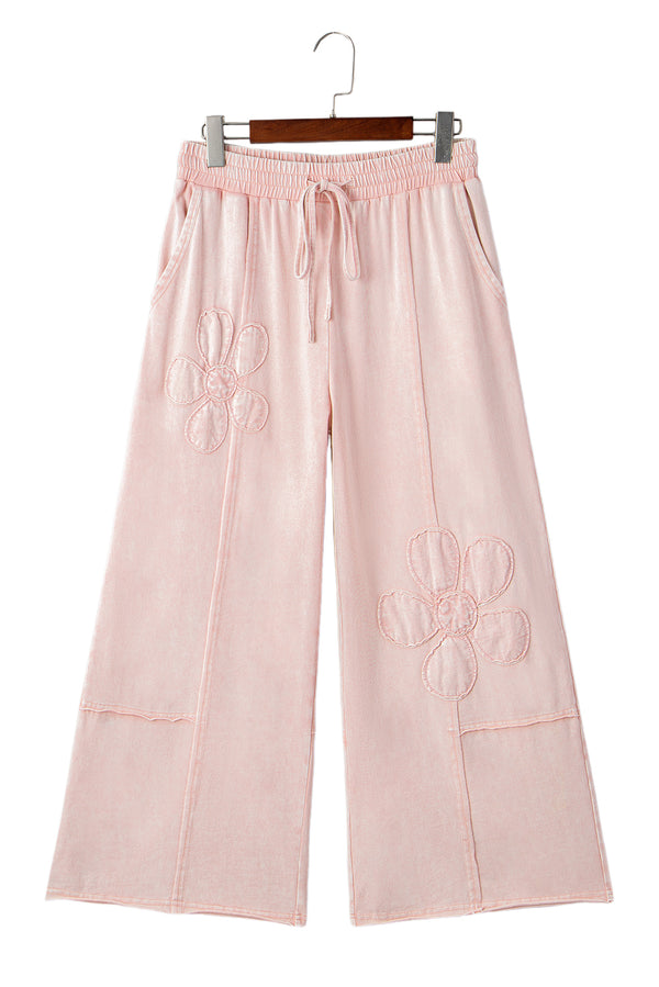 Pink Flower Patch Mineral Washed Terry Knit Cropped Wide Leg Pants