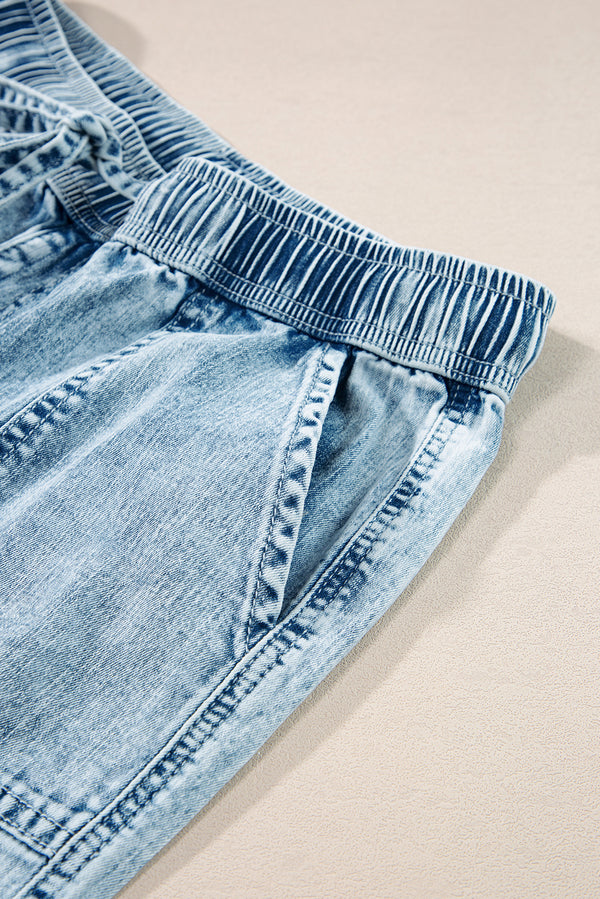 Myosotis Mineral Wash Drawstring Elastic Waistband Loose Straight Denim Pants