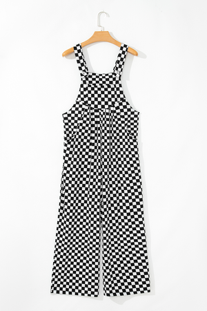 Black Checkered Print Pocketed Wide Leg Jumpsuit