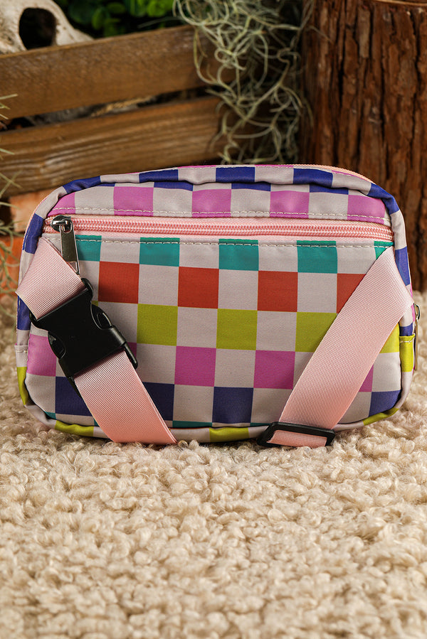 Pink Colorblock Checkered Printed Crossbody Bag