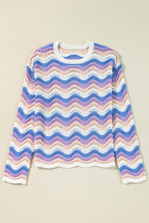 Purple Stripe Wavy Pointelle Knit Drop Shoulder Sweater