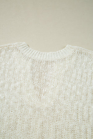 Beige Notched V Neck Short Sleeve Sweater