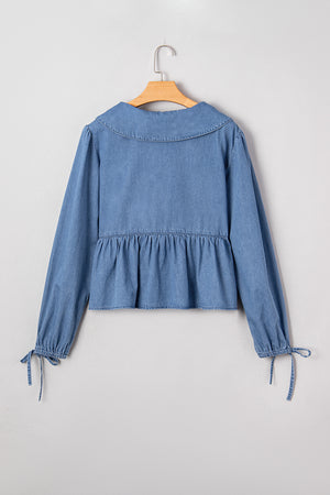 Dusk Blue Denim Lapel Neck Balloon Sleeve Tied Peplum Top