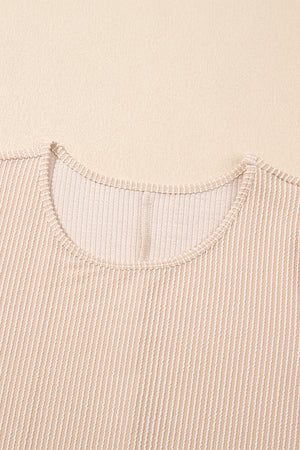 Parchment Corded Knit Crew Neck Puff Sleeve Shift Mini Dress