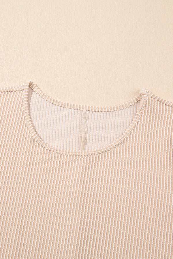 Parchment Corded Knit Crew Neck Puff Sleeve Shift Mini Dress